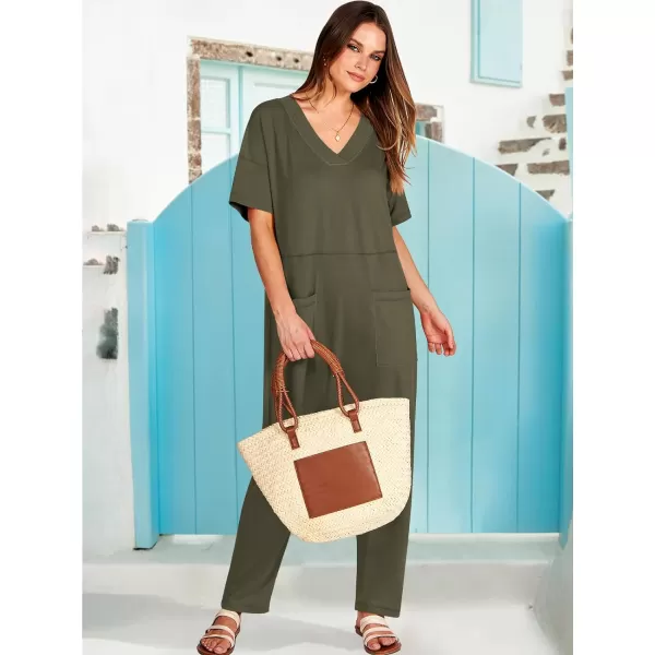 imageANRABESS Jumpsuits for Women 2024 Summer Casual Pajamas Short Sleeve V Neck Harem Pants Onesie Rompers with PocketsArmy Green