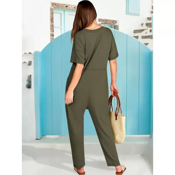 imageANRABESS Jumpsuits for Women 2024 Summer Casual Pajamas Short Sleeve V Neck Harem Pants Onesie Rompers with PocketsArmy Green