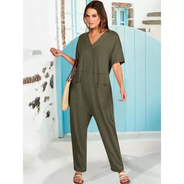 imageANRABESS Jumpsuits for Women 2024 Summer Casual Pajamas Short Sleeve V Neck Harem Pants Onesie Rompers with PocketsArmy Green