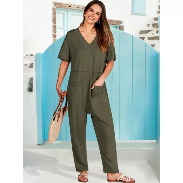 imageANRABESS Jumpsuits for Women 2024 Summer Casual Pajamas Short Sleeve V Neck Harem Pants Onesie Rompers with PocketsArmy Green