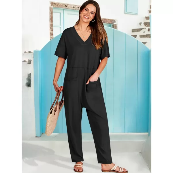 imageANRABESS Jumpsuits for Women 2024 Summer Casual Pajamas Short Sleeve V Neck Harem Pants Onesie Rompers with PocketsBlack