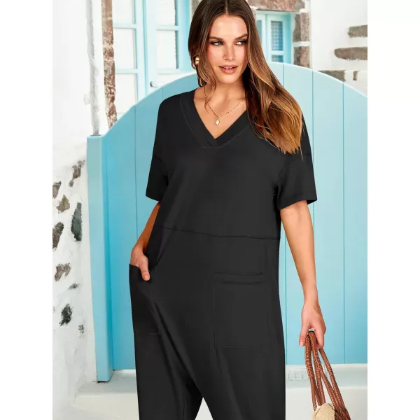 imageANRABESS Jumpsuits for Women 2024 Summer Casual Pajamas Short Sleeve V Neck Harem Pants Onesie Rompers with PocketsBlack