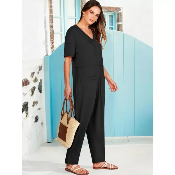 imageANRABESS Jumpsuits for Women 2024 Summer Casual Pajamas Short Sleeve V Neck Harem Pants Onesie Rompers with PocketsBlack