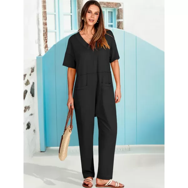 imageANRABESS Jumpsuits for Women 2024 Summer Casual Pajamas Short Sleeve V Neck Harem Pants Onesie Rompers with PocketsBlack