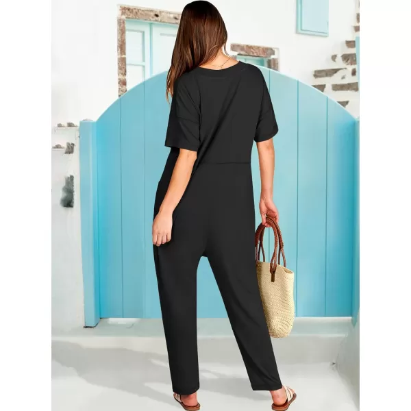 imageANRABESS Jumpsuits for Women 2024 Summer Casual Pajamas Short Sleeve V Neck Harem Pants Onesie Rompers with PocketsBlack
