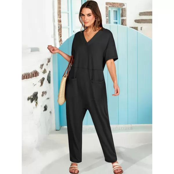 imageANRABESS Jumpsuits for Women 2024 Summer Casual Pajamas Short Sleeve V Neck Harem Pants Onesie Rompers with PocketsBlack