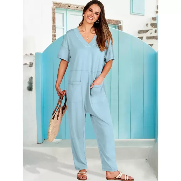 imageANRABESS Jumpsuits for Women 2024 Summer Casual Pajamas Short Sleeve V Neck Harem Pants Onesie Rompers with PocketsBlue