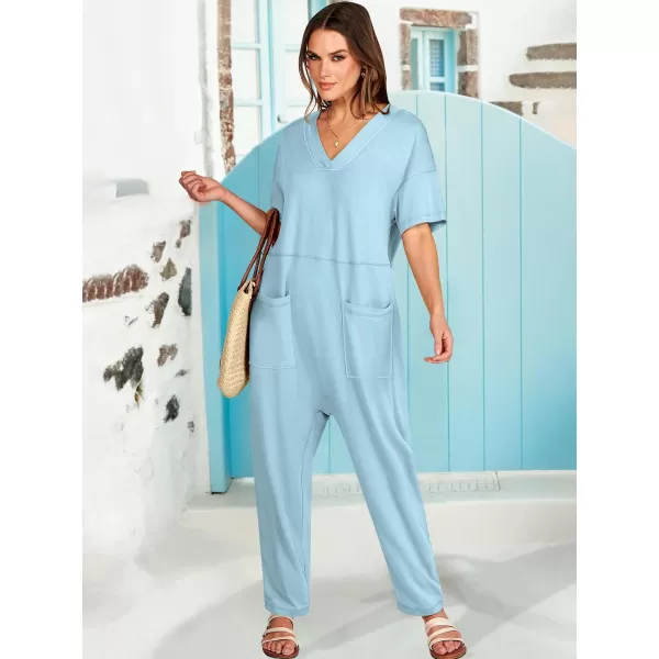 imageANRABESS Jumpsuits for Women 2024 Summer Casual Pajamas Short Sleeve V Neck Harem Pants Onesie Rompers with PocketsBlue