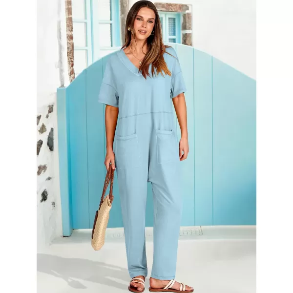 imageANRABESS Jumpsuits for Women 2024 Summer Casual Pajamas Short Sleeve V Neck Harem Pants Onesie Rompers with PocketsBlue