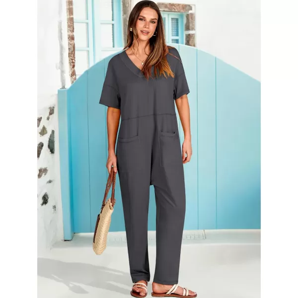 imageANRABESS Jumpsuits for Women 2024 Summer Casual Pajamas Short Sleeve V Neck Harem Pants Onesie Rompers with PocketsDark Gray