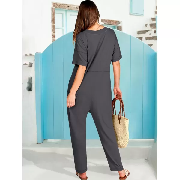 imageANRABESS Jumpsuits for Women 2024 Summer Casual Pajamas Short Sleeve V Neck Harem Pants Onesie Rompers with PocketsDark Gray