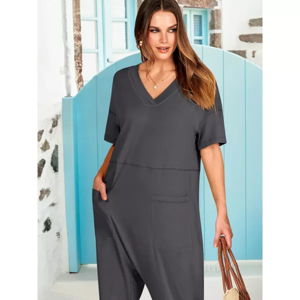 imageANRABESS Jumpsuits for Women 2024 Summer Casual Pajamas Short Sleeve V Neck Harem Pants Onesie Rompers with PocketsDark Gray