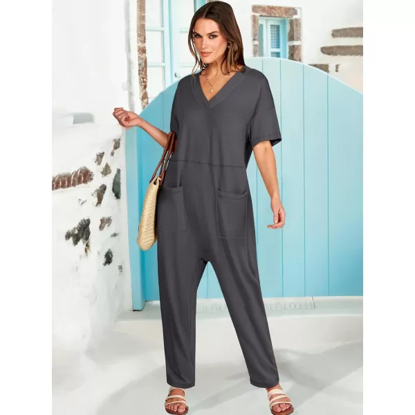 imageANRABESS Jumpsuits for Women 2024 Summer Casual Pajamas Short Sleeve V Neck Harem Pants Onesie Rompers with PocketsDark Gray