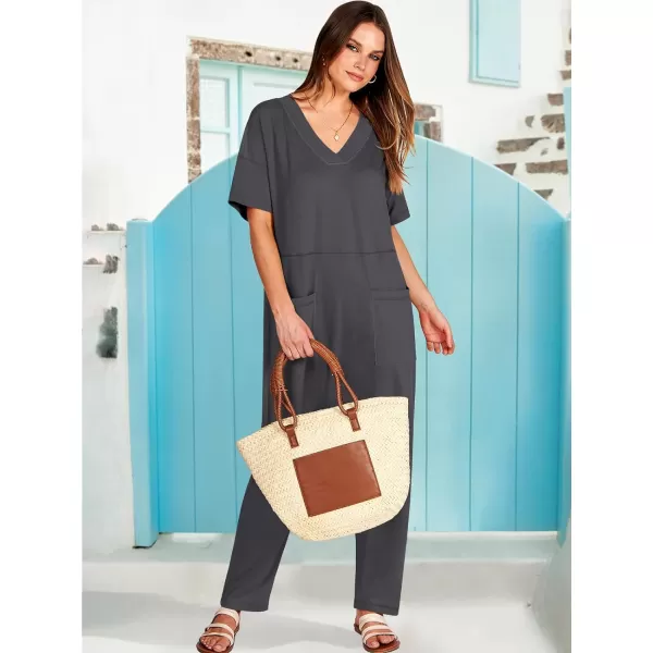 imageANRABESS Jumpsuits for Women 2024 Summer Casual Pajamas Short Sleeve V Neck Harem Pants Onesie Rompers with PocketsDark Gray