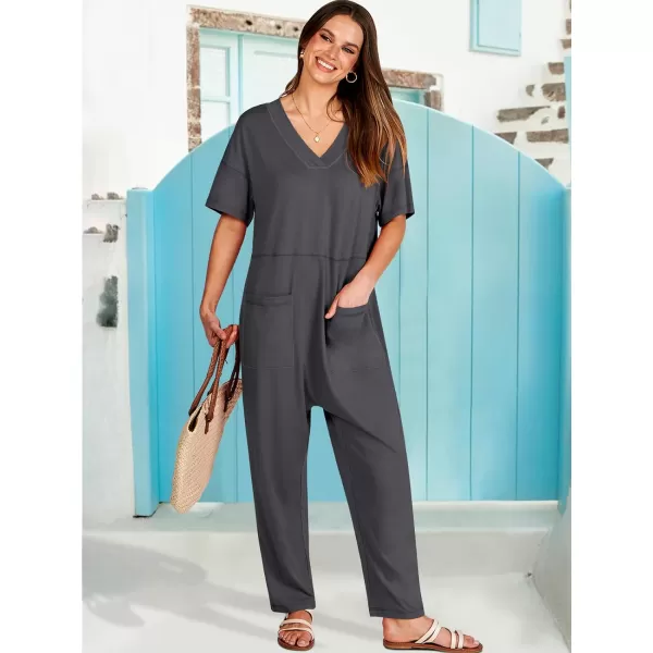 imageANRABESS Jumpsuits for Women 2024 Summer Casual Pajamas Short Sleeve V Neck Harem Pants Onesie Rompers with PocketsDark Gray