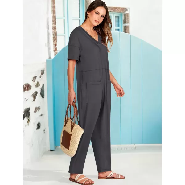 imageANRABESS Jumpsuits for Women 2024 Summer Casual Pajamas Short Sleeve V Neck Harem Pants Onesie Rompers with PocketsDark Gray