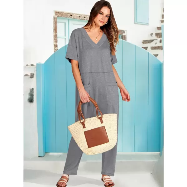 imageANRABESS Jumpsuits for Women 2024 Summer Casual Pajamas Short Sleeve V Neck Harem Pants Onesie Rompers with PocketsGray