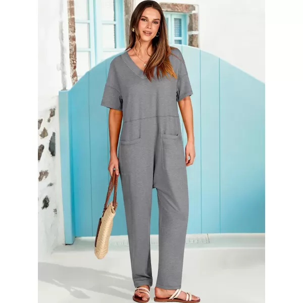 imageANRABESS Jumpsuits for Women 2024 Summer Casual Pajamas Short Sleeve V Neck Harem Pants Onesie Rompers with PocketsGray