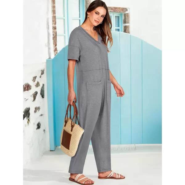 imageANRABESS Jumpsuits for Women 2024 Summer Casual Pajamas Short Sleeve V Neck Harem Pants Onesie Rompers with PocketsGray