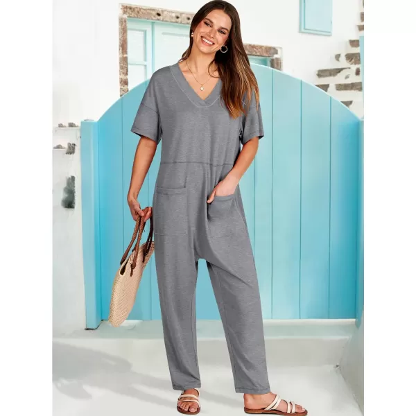 imageANRABESS Jumpsuits for Women 2024 Summer Casual Pajamas Short Sleeve V Neck Harem Pants Onesie Rompers with PocketsGray