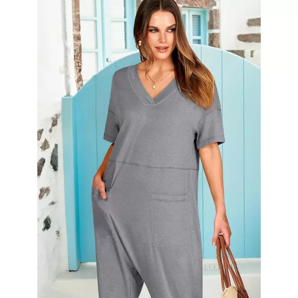imageANRABESS Jumpsuits for Women 2024 Summer Casual Pajamas Short Sleeve V Neck Harem Pants Onesie Rompers with PocketsGray