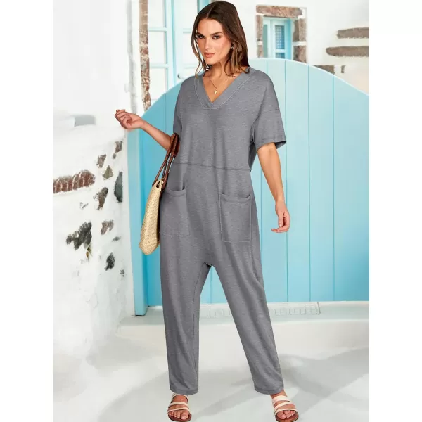 imageANRABESS Jumpsuits for Women 2024 Summer Casual Pajamas Short Sleeve V Neck Harem Pants Onesie Rompers with PocketsGray