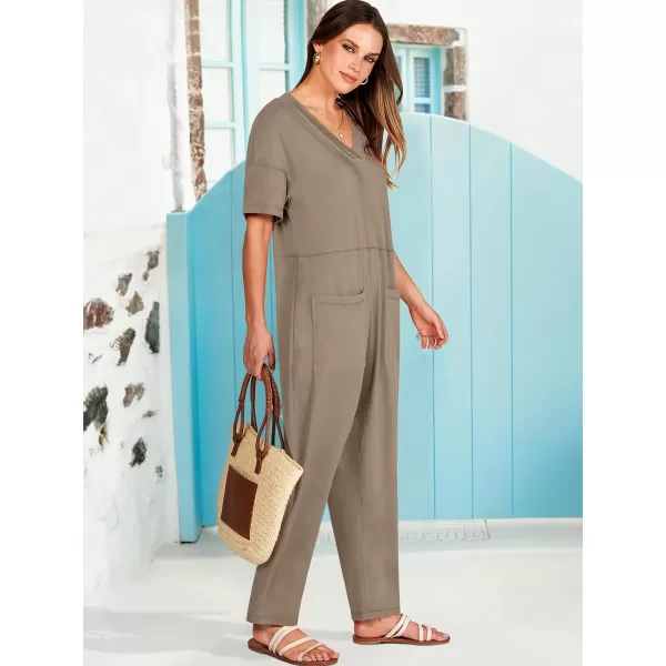 imageANRABESS Jumpsuits for Women 2024 Summer Casual Pajamas Short Sleeve V Neck Harem Pants Onesie Rompers with PocketsKhaki