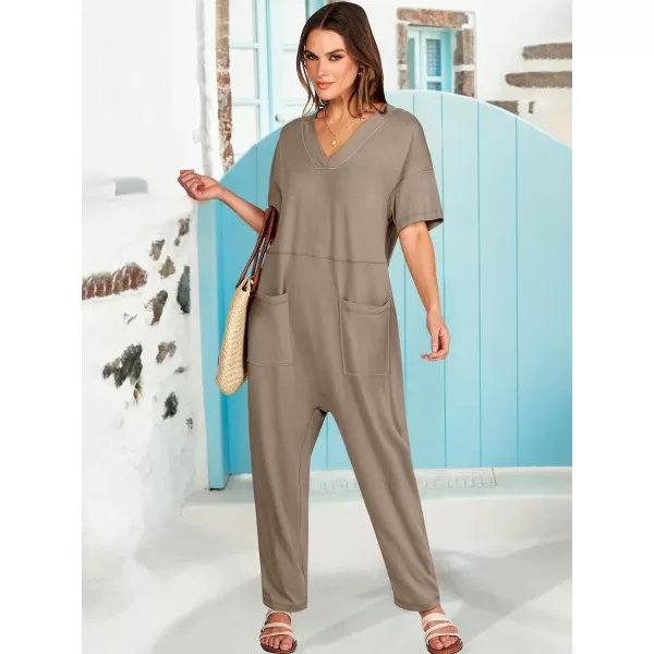 imageANRABESS Jumpsuits for Women 2024 Summer Casual Pajamas Short Sleeve V Neck Harem Pants Onesie Rompers with PocketsKhaki