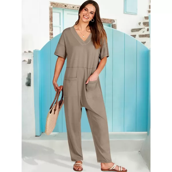 imageANRABESS Jumpsuits for Women 2024 Summer Casual Pajamas Short Sleeve V Neck Harem Pants Onesie Rompers with PocketsKhaki