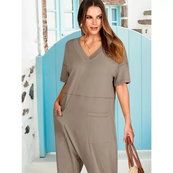 imageANRABESS Jumpsuits for Women 2024 Summer Casual Pajamas Short Sleeve V Neck Harem Pants Onesie Rompers with PocketsKhaki