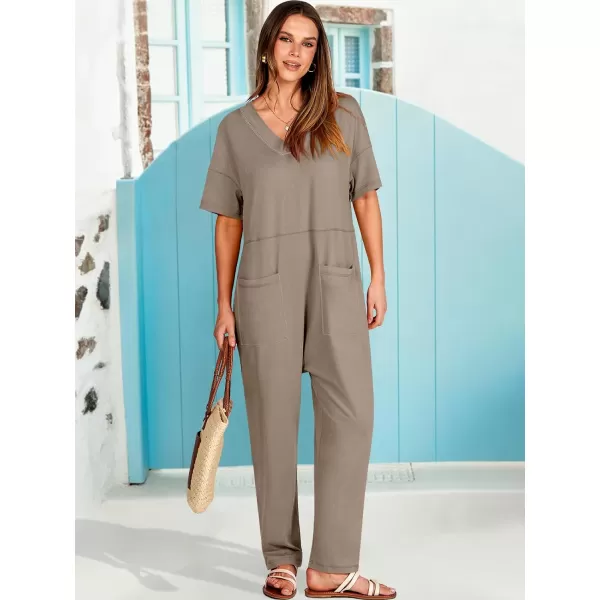 imageANRABESS Jumpsuits for Women 2024 Summer Casual Pajamas Short Sleeve V Neck Harem Pants Onesie Rompers with PocketsKhaki