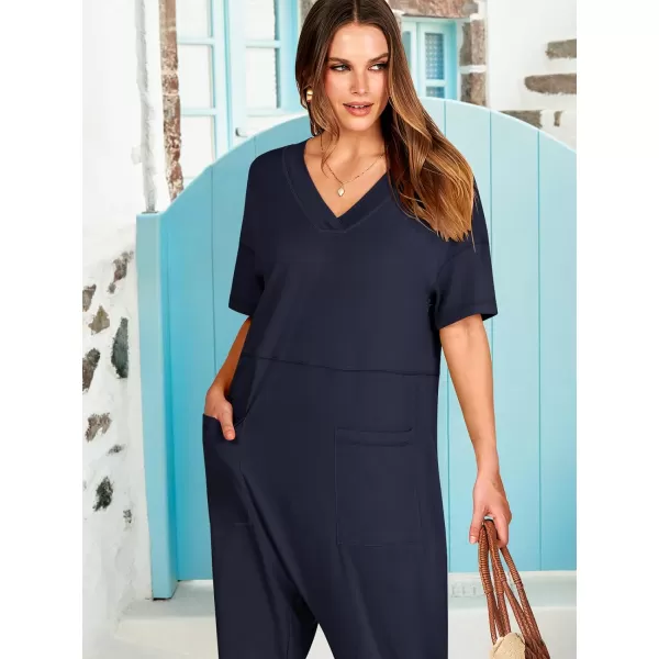 imageANRABESS Jumpsuits for Women 2024 Summer Casual Pajamas Short Sleeve V Neck Harem Pants Onesie Rompers with PocketsNavy Blue