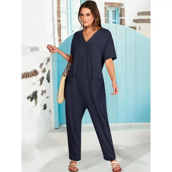 imageANRABESS Jumpsuits for Women 2024 Summer Casual Pajamas Short Sleeve V Neck Harem Pants Onesie Rompers with PocketsNavy Blue