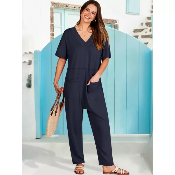 imageANRABESS Jumpsuits for Women 2024 Summer Casual Pajamas Short Sleeve V Neck Harem Pants Onesie Rompers with PocketsNavy Blue