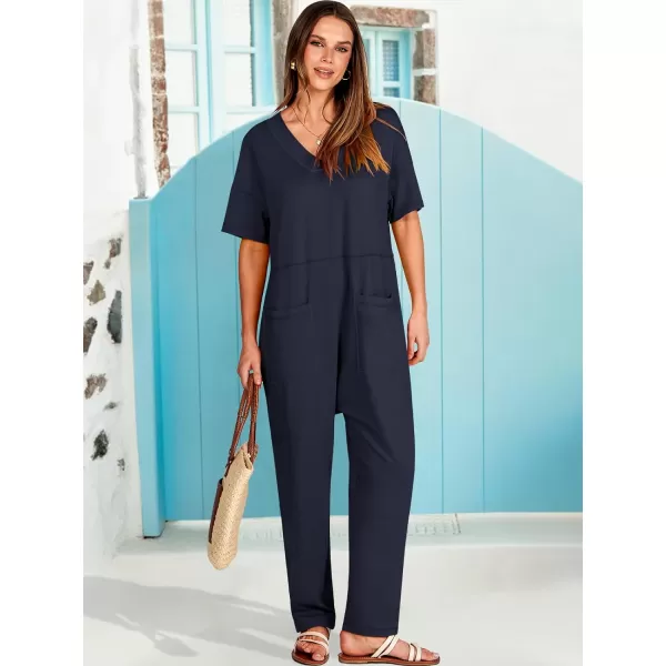imageANRABESS Jumpsuits for Women 2024 Summer Casual Pajamas Short Sleeve V Neck Harem Pants Onesie Rompers with PocketsNavy Blue