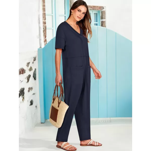 imageANRABESS Jumpsuits for Women 2024 Summer Casual Pajamas Short Sleeve V Neck Harem Pants Onesie Rompers with PocketsNavy Blue