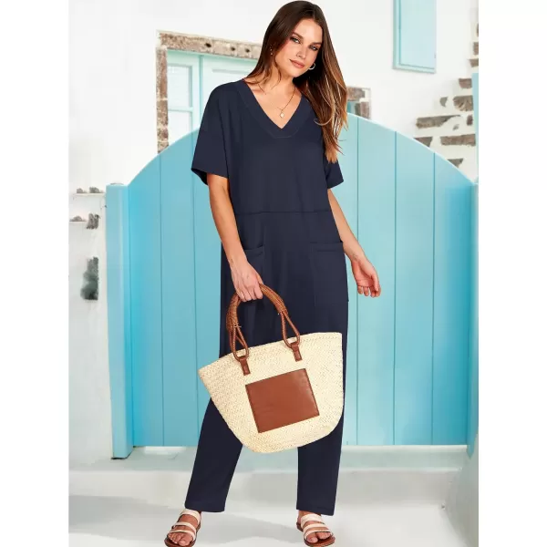 imageANRABESS Jumpsuits for Women 2024 Summer Casual Pajamas Short Sleeve V Neck Harem Pants Onesie Rompers with PocketsNavy Blue