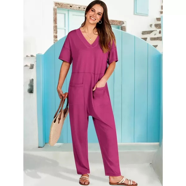 imageANRABESS Jumpsuits for Women 2024 Summer Casual Pajamas Short Sleeve V Neck Harem Pants Onesie Rompers with PocketsRose