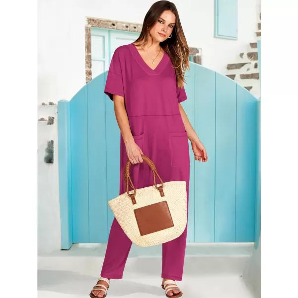 imageANRABESS Jumpsuits for Women 2024 Summer Casual Pajamas Short Sleeve V Neck Harem Pants Onesie Rompers with PocketsRose