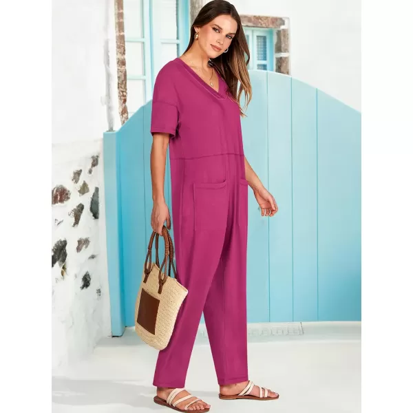 imageANRABESS Jumpsuits for Women 2024 Summer Casual Pajamas Short Sleeve V Neck Harem Pants Onesie Rompers with PocketsRose