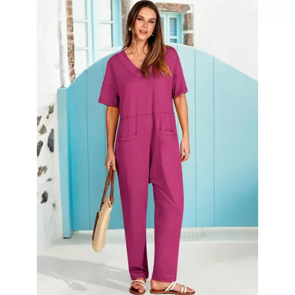 imageANRABESS Jumpsuits for Women 2024 Summer Casual Pajamas Short Sleeve V Neck Harem Pants Onesie Rompers with PocketsRose