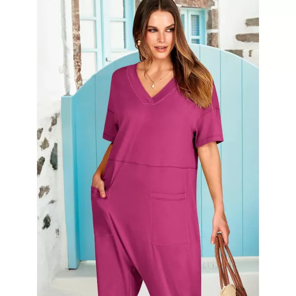 imageANRABESS Jumpsuits for Women 2024 Summer Casual Pajamas Short Sleeve V Neck Harem Pants Onesie Rompers with PocketsRose