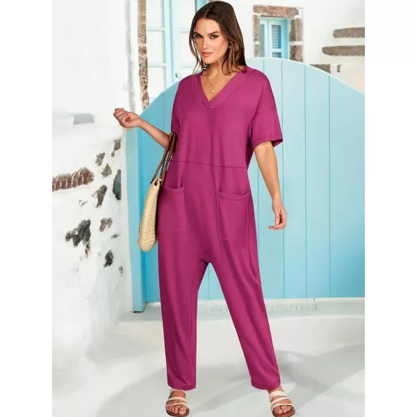 imageANRABESS Jumpsuits for Women 2024 Summer Casual Pajamas Short Sleeve V Neck Harem Pants Onesie Rompers with PocketsRose