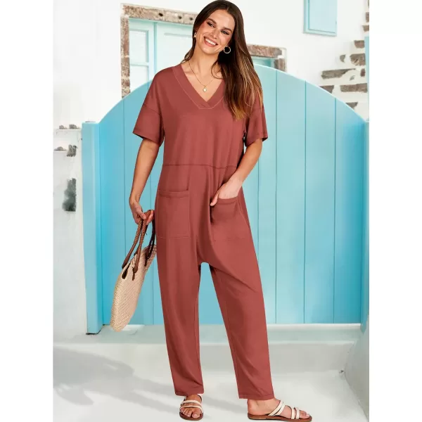 imageANRABESS Jumpsuits for Women 2024 Summer Casual Pajamas Short Sleeve V Neck Harem Pants Onesie Rompers with PocketsRust