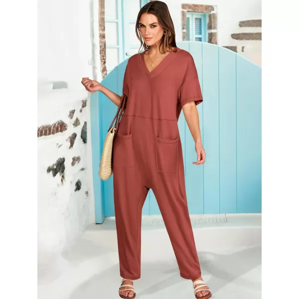 imageANRABESS Jumpsuits for Women 2024 Summer Casual Pajamas Short Sleeve V Neck Harem Pants Onesie Rompers with PocketsRust