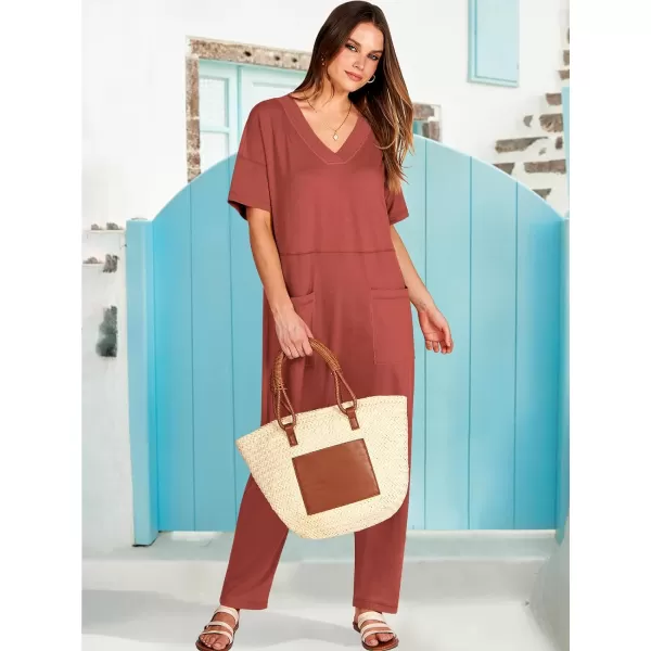 imageANRABESS Jumpsuits for Women 2024 Summer Casual Pajamas Short Sleeve V Neck Harem Pants Onesie Rompers with PocketsRust