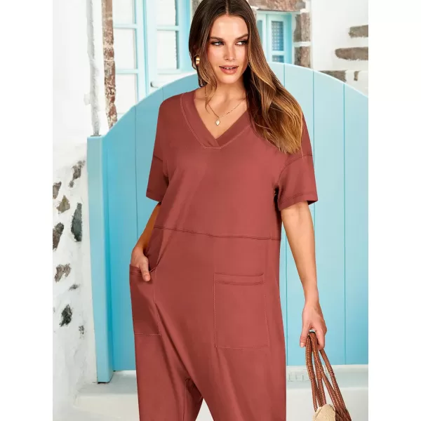imageANRABESS Jumpsuits for Women 2024 Summer Casual Pajamas Short Sleeve V Neck Harem Pants Onesie Rompers with PocketsRust