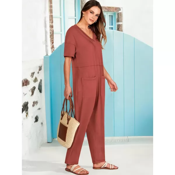 imageANRABESS Jumpsuits for Women 2024 Summer Casual Pajamas Short Sleeve V Neck Harem Pants Onesie Rompers with PocketsRust