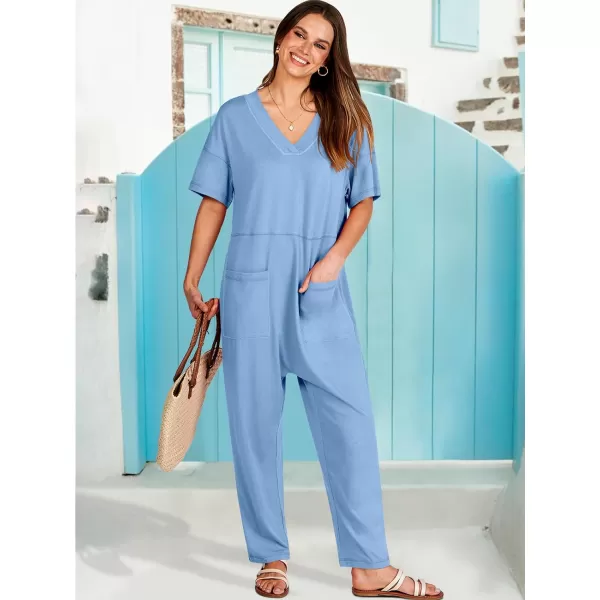 imageANRABESS Jumpsuits for Women 2024 Summer Casual Pajamas Short Sleeve V Neck Harem Pants Onesie Rompers with PocketsSky