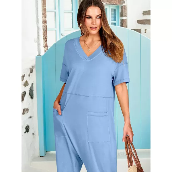 imageANRABESS Jumpsuits for Women 2024 Summer Casual Pajamas Short Sleeve V Neck Harem Pants Onesie Rompers with PocketsSky